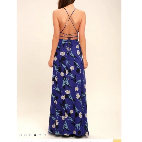Lulus All I Need Royal Blue Floral Print Lace Up Tie Back Halter Top Maxi Dress - Picture 2 of 5